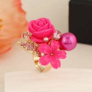 Floral and Butterfly Rhinestone Ring with Pearl Accent